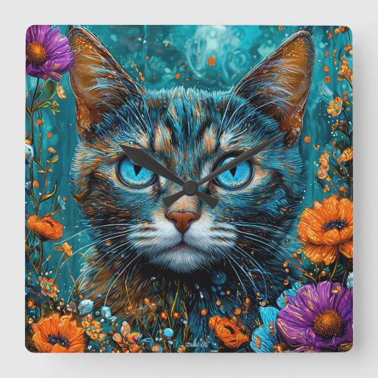 Schattige Bloemenkater Vierkante Klok (Voorkant)
