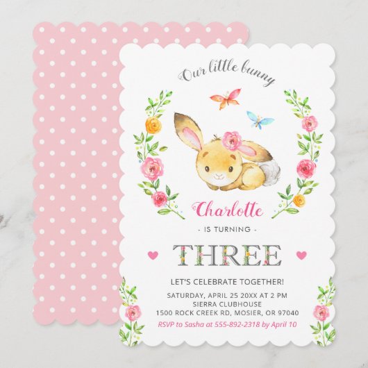 Schattige Bloemenkonijntje Meisjes 3e Derde Verjaa Kaart (Voorkant / Achterkant)