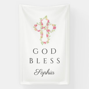 Schattige bloemenkruis religieus meisje God zegene Spandoek