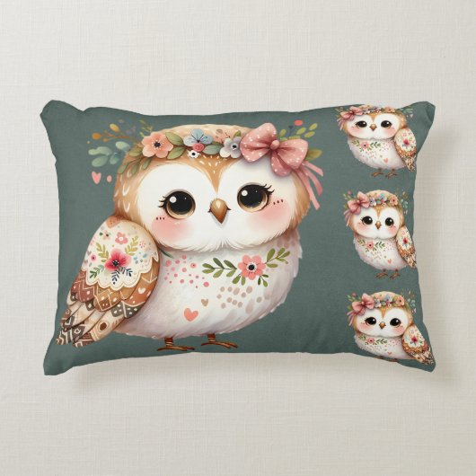 Schattige bloemenuil met strik accent kussen (Voorkant)