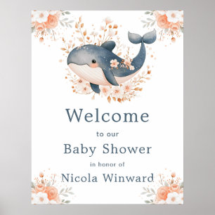 Schattige bloemenvormige walvis babyshower welkom poster