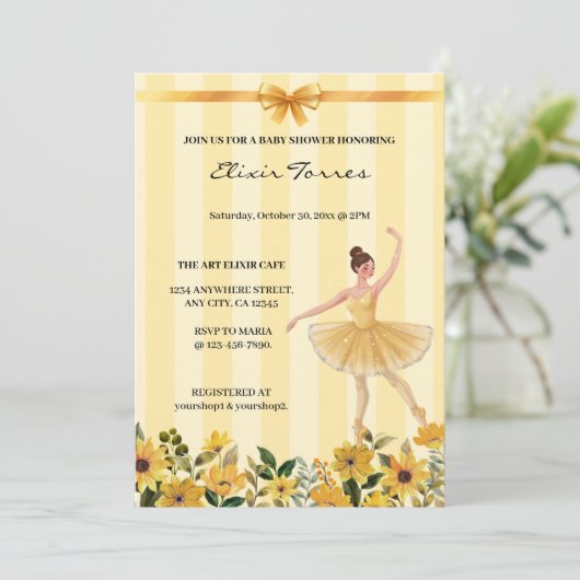 Schattige Bloemgeel Ballerina Ribbon Baby shower Kaart (Staand voorkant)