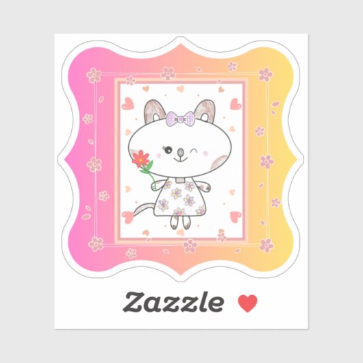 Schattige bloemig Kat roze gele gradiënt achtergro Sticker (Vel)