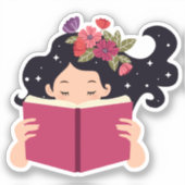 Schattige bloemig meisje lezen een boek sticker (Voorkant)