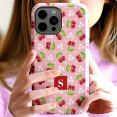 Schattige Bloemige Stippen Kersen Roze Monogram Case-Mate iPhone Case