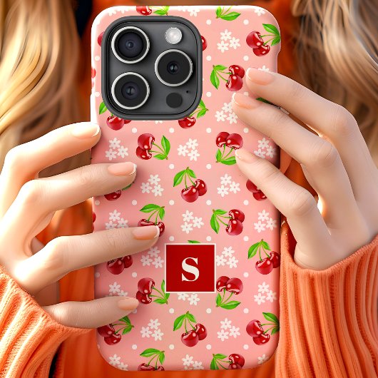 Schattige Bloemige Stippen Kersen Roze Monogram Case-Mate iPhone Case