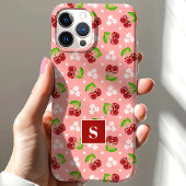 Schattige Bloemige Stippen Kersen Roze Monogram Case-Mate iPhone Case