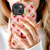 Schattige Bloemige Stippen Kersen Roze Monogram Case-Mate iPhone Case
