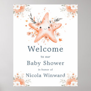 Schattige bloemige zeester babyshower welkom poster