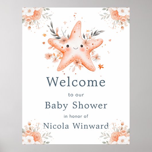 Schattige bloemige zeester babyshower welkom poster (Voorkant)