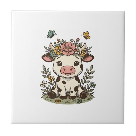Schattige bloemkalveren vintage gravure vector ont tegeltje (Voorkant)