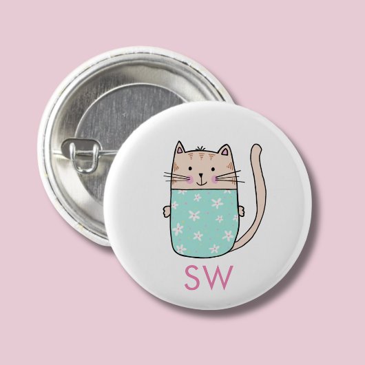 Schattige bloemkat initialen monogram ronde button 3,2 cm