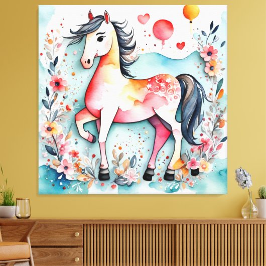 Schattige bloempaard canvas afdruk (Insitu (Woonkamer))