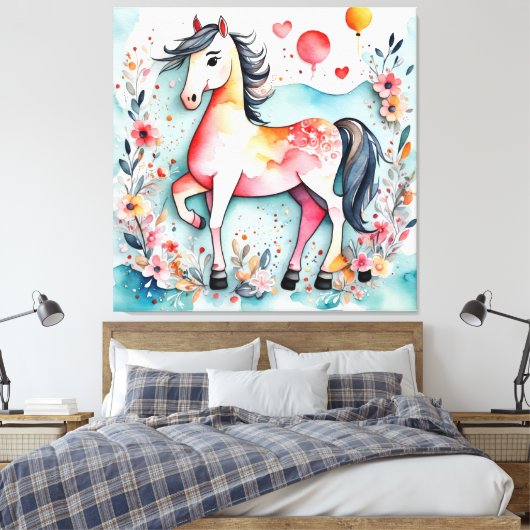 Schattige bloempaard canvas afdruk (Insitu (Slaapkamer))