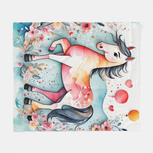 Schattige bloempaard fleece deken (Voorkant (Horizontaal))