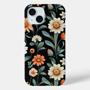 Schattige  bloempatroon op zwarte achtergrond iPhone 15 case