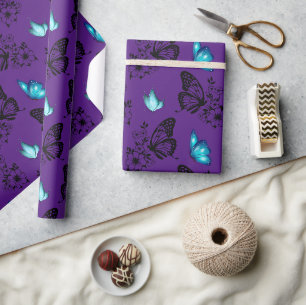 Schattige bloemvlinderpatroon Paarse Cadeaupapier