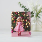 Schattige Blond Doll in Roze Kerstmis Briefkaart (Staand voorkant)
