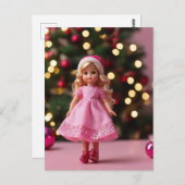 Schattige Blond Doll in Roze Kerstmis Briefkaart (Voorkant / Achterkant)