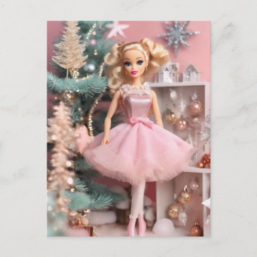 Schattige Blond Doll Roze Retro Kerst Briefkaart (Voorkant)