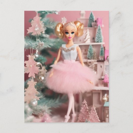 Schattige Blond Doll Roze Retro Kerst Briefkaart (Voorkant)