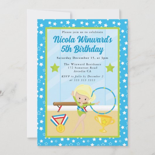 Schattige blond haar meisje gymnast kids verjaarda kaart (Voorkant)