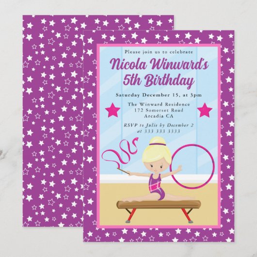 Schattige blond haar meisje gymnast kids verjaarda kaart (Voorkant / Achterkant)