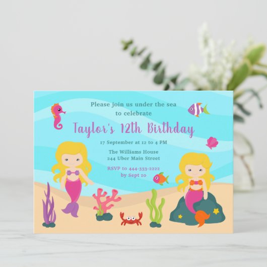 Schattige Blond Haar Zeemeermin Verjaardag Kaart (Staand voorkant)