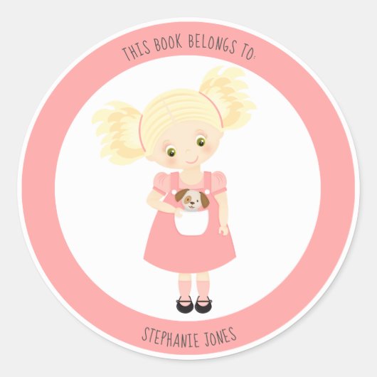 Schattige blond meisje en puppy dit boek behoort t ronde sticker (Voorkant)