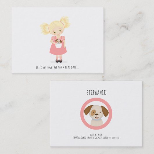 Schattige blond meisje en puppy spelen datumbelkaa contactkaartje (Voorkant / Achterkant)