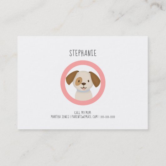 Schattige blond meisje en puppy spelen datumbelkaa contactkaartje (Achterkant)