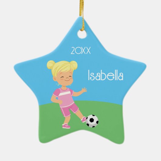 Schattige blond meisje voetbal speler keramisch ornament (Achterkant)
