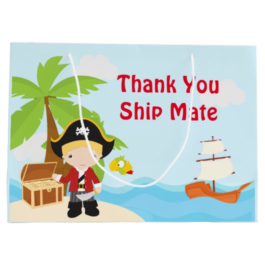 Schattige blond piraat jongen in rood verjaardagsf groot cadeauzakje (Achterkant)