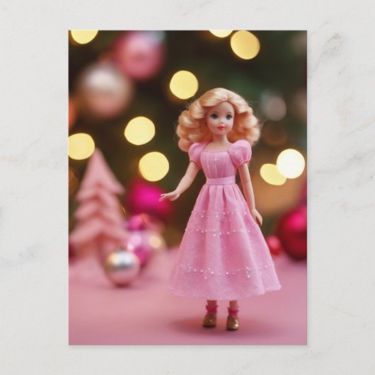 Schattige Blond Roze Retro Kerstpop Briefkaart (Voorkant)