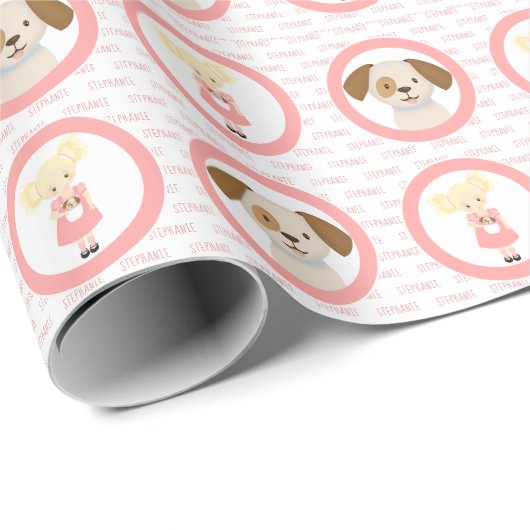 Schattige Blond Verjaardagsmeisje en Puppy Cadeaupapier (Rol Hoek)