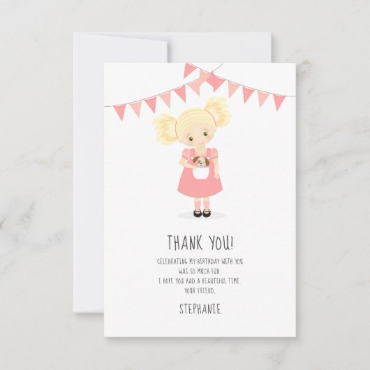 Schattige Blond Verjaardagsmeisje en Puppy Kaart (Voorkant)