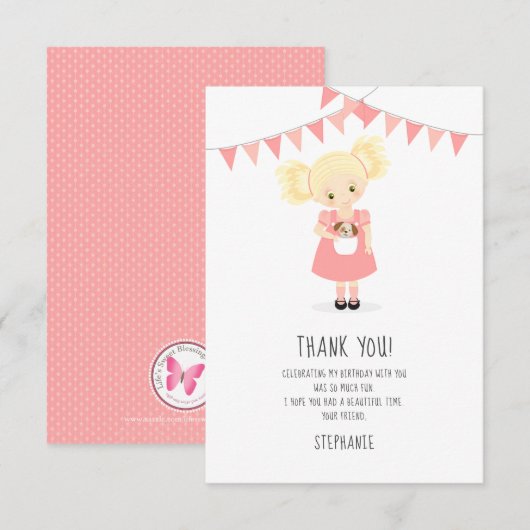 Schattige Blond Verjaardagsmeisje en Puppy Kaart (Voorkant / Achterkant)