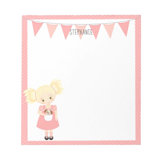 Schattige Blond Verjaardagsmeisje en Puppy Notitieblok (Voorkant)