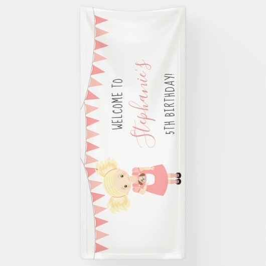 Schattige Blond Verjaardagsmeisje en Puppy Spandoek (Verticaal)