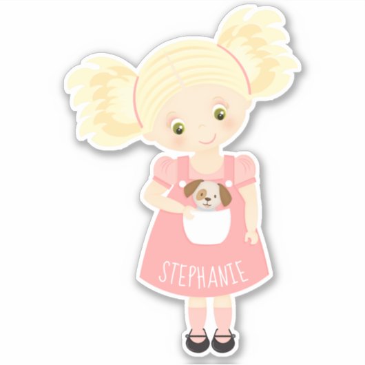 Schattige Blond Verjaardagsmeisje en Puppy Sticker (Voorkant)