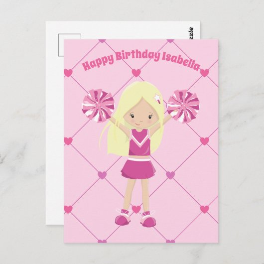 Schattige Blonde Cheerleader Aangepaste Roze Meisj Briefkaart (Voorkant / Achterkant)