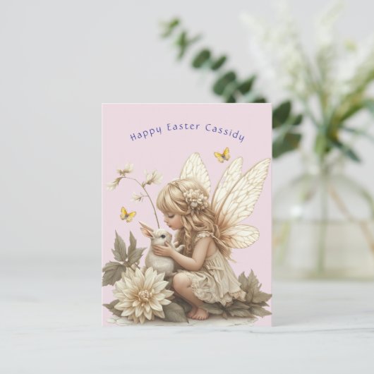 Schattige Blonde Fee Pasen Konijn Vlinders Briefkaart (Staand voorkant)