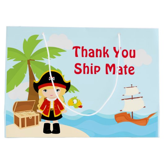 Schattige Blondine Pirate Meisje in Rode Verjaarda Groot Cadeauzakje (Achterkant)