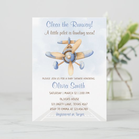 Schattige Blue Airplane Runway Pilot-Baby shower Kaart (Staand voorkant)