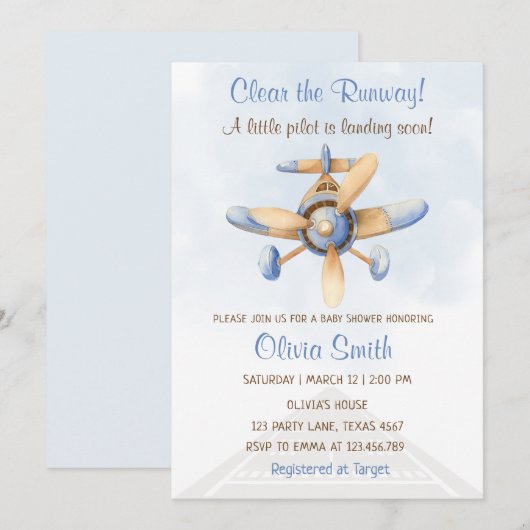 Schattige Blue Airplane Runway Pilot-Baby shower Kaart (Voorkant / Achterkant)