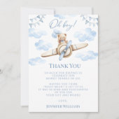 Schattige Blue Airplane & Teddy Bear Baby Boy Show Bedankkaart (Voorkant)