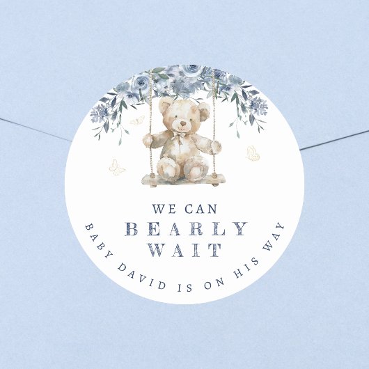 Schattige Blue Bearly Wait Teddy Baby shower Ronde Sticker