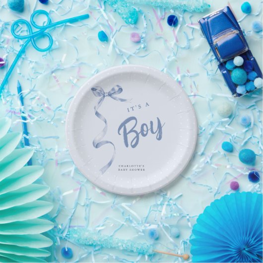 Schattige Blue Bow Ribbon Boy Baby shower Papieren Bordje (Feest)