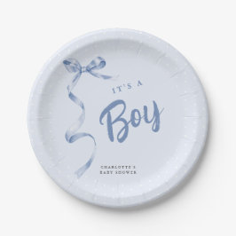 Schattige Blue Bow Ribbon Boy Baby shower Papieren Bordje