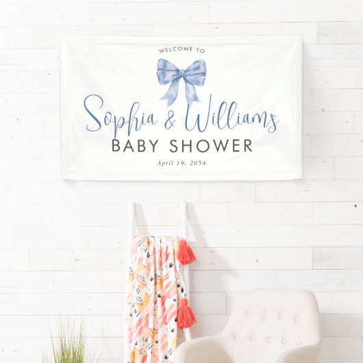 Schattige Blue Bow Ribbon Boy Baby shower Welkom Spandoek (Insitu)